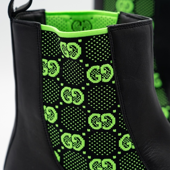 size 13G 13.5 us Gucci Chelsea GG Black Leather Pull On Boots Green - Picture 8 of 13